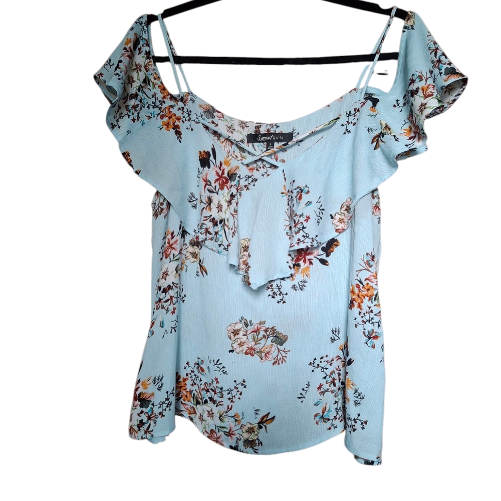 Floral Blue Ruffle Top